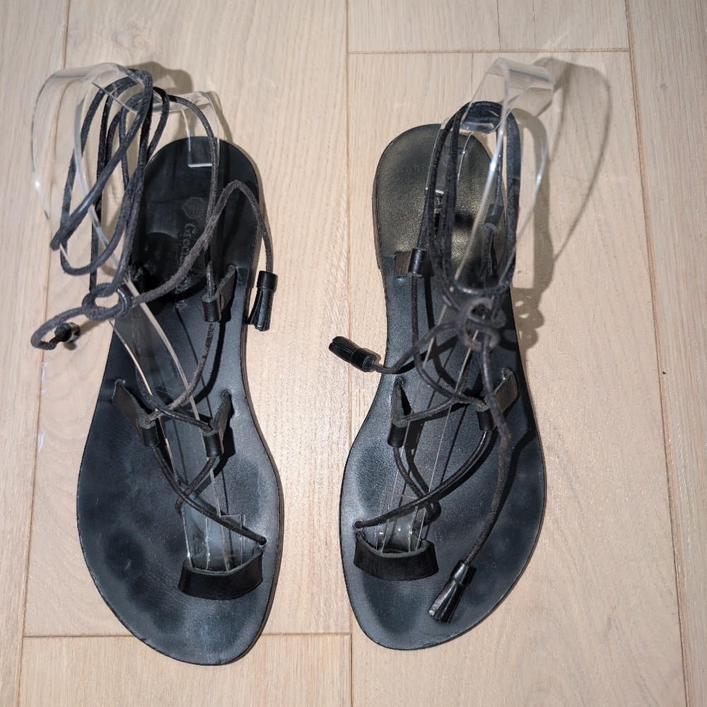 Grecian Chick Black Leather Lace Up Sandals